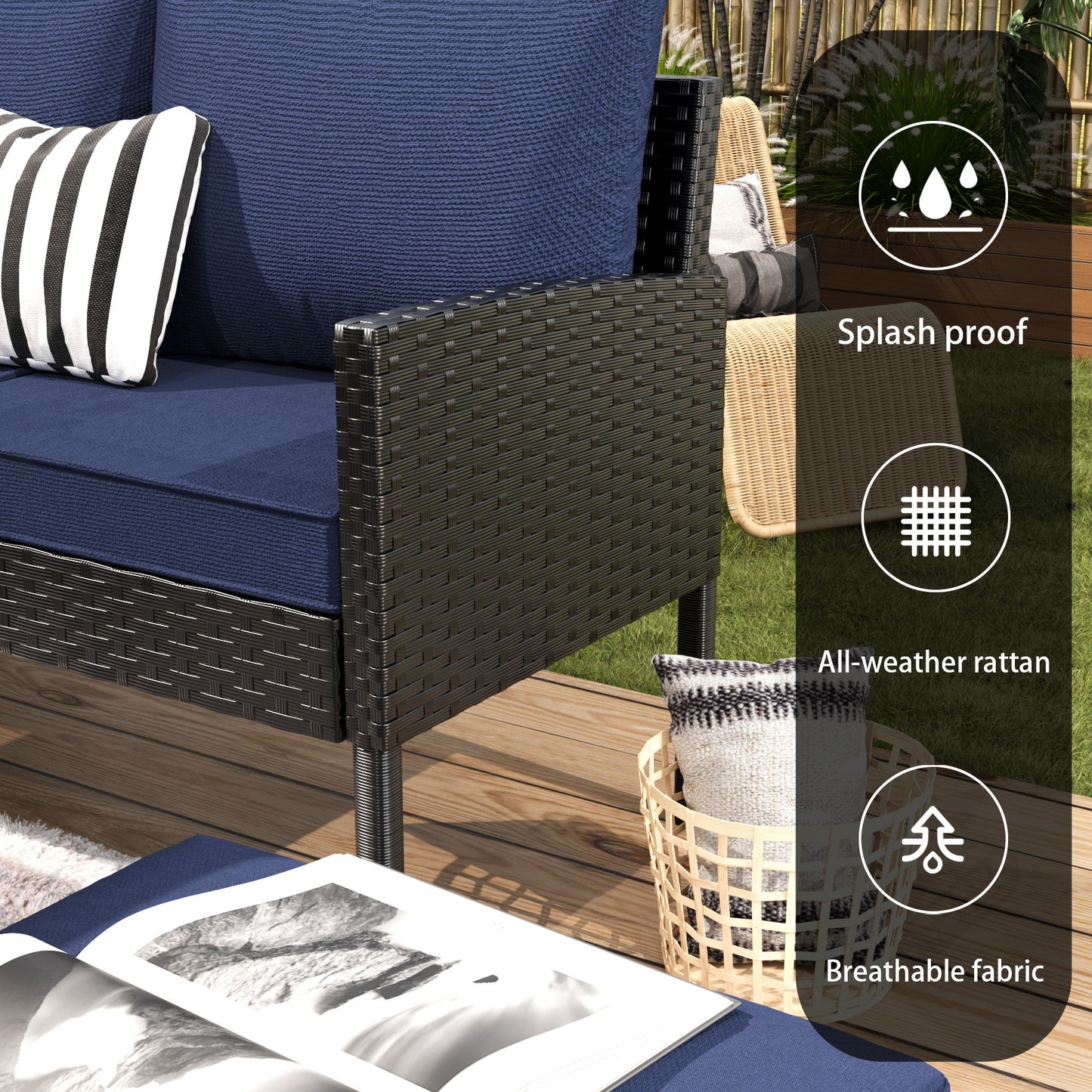 Small Space Patio Furniture 7-piece Outdoor Furniture Set, Backyard Furniture Set, Waterproof Seat Cushion, Glass Table, Space Saving, Suitable For Backyard, Terrace Or Garden,Dark Blue