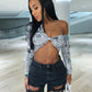 Sexy V-neck long Sleeve Cropped Print t shirt Women