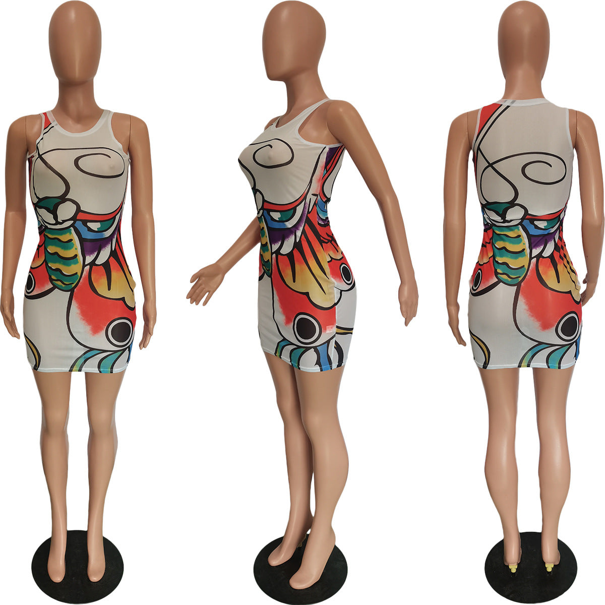Women's Mesh Graphic Print Sleeveless Slim Fit Hip Dress