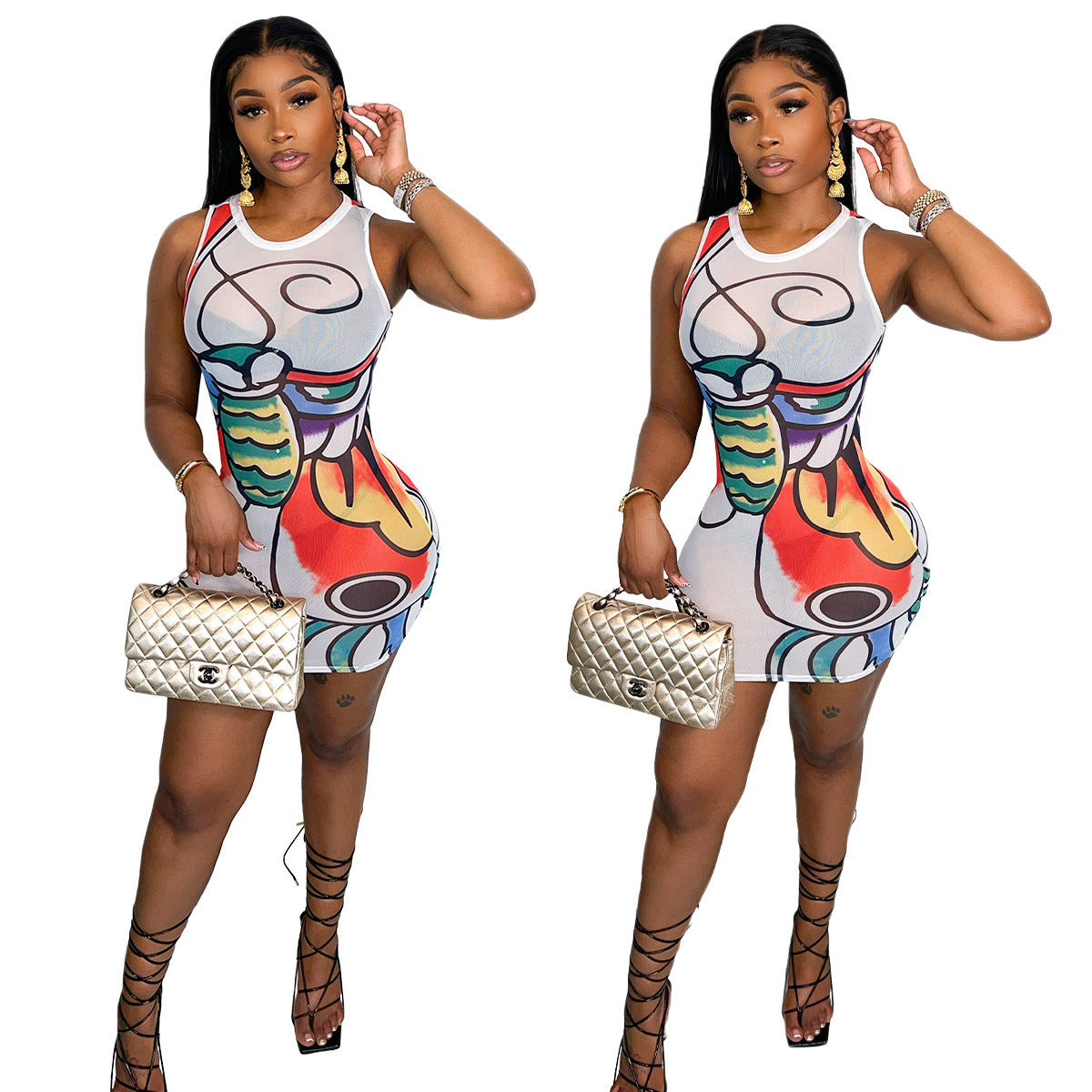 Women's Mesh Graphic Print Sleeveless Slim Fit Hip Dress